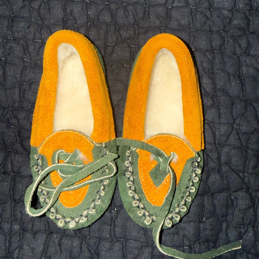 Green and Orange Moccasin Slippers